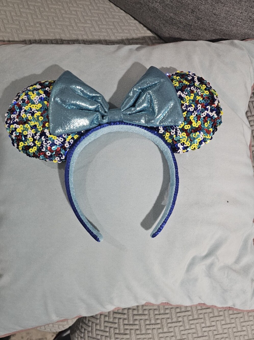 Sequin Minnie Ear Headband with Shimmery Blue Bow 2023